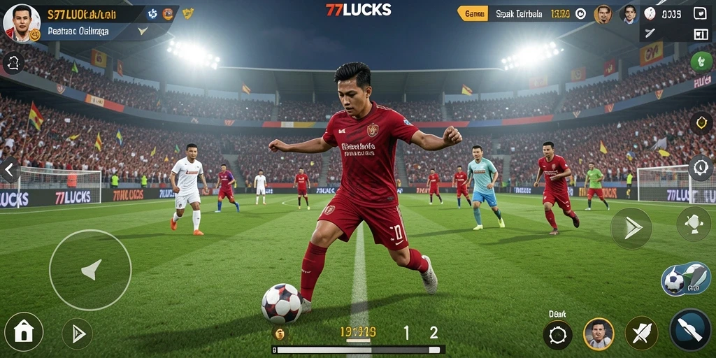 Screenshot 77LUCKS menunjukkan aksi menegangkan dalam lapangan sepak bola.