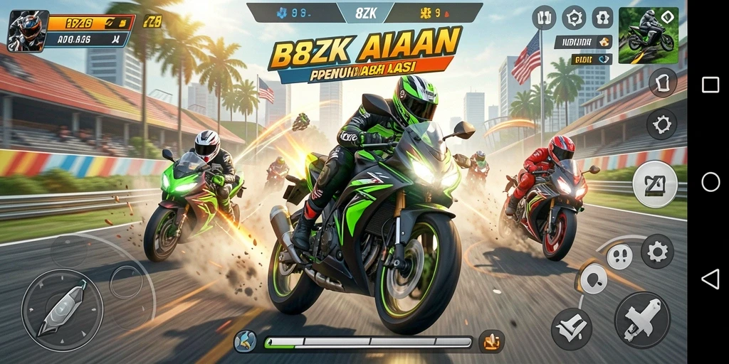 Screenshot menunjukkan aksi seru balapan motor di 8ZK.