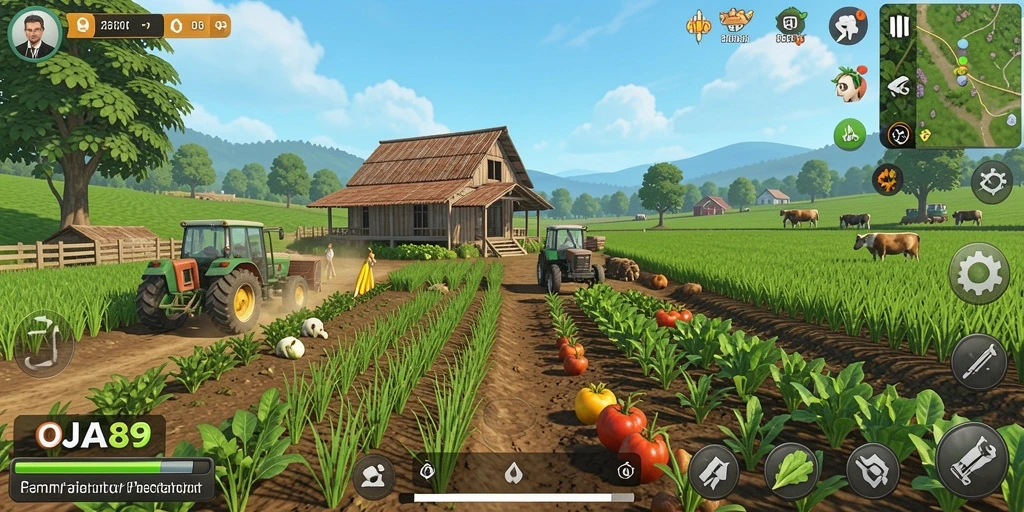 Gameplay OJA89 yang menampilkan lahan pertanian yang subur dan beragam tanaman.